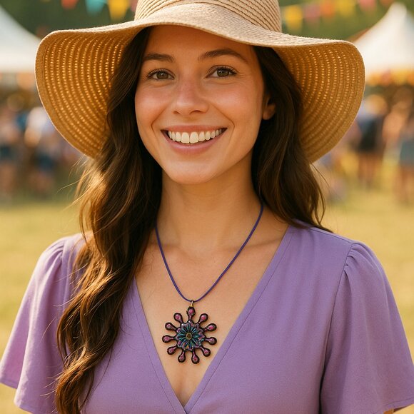 Made by Vickie Resin Pendant Necklace Purple Cord Festival Boho Handmade Jewelry - Picture 1 of 4